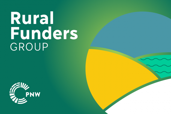 Pine green graphic that says "Rural Funders Group" and a circle with shapes inside the circle that resembles rolling plains.