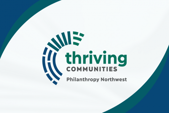 A logo with the words "Thriving Communities", accompanied by "Philanthropy Northwest" beneath it. The design features a circular pattern of blue and green lines on the left side, with a white background creating a dynamic wave