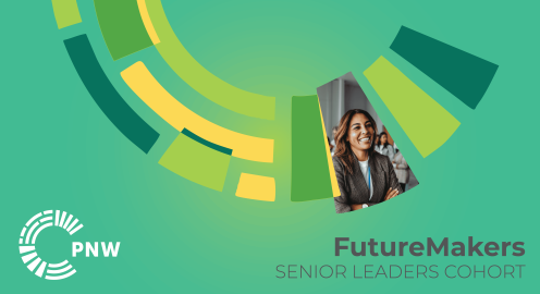 Emerald green graphic with the words "FutureMakers: Senior Leaders Cohort" and a photo of a female senior leader smiling with her arms crossed.