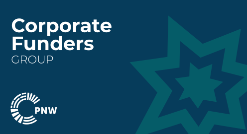 Corporate Funders Group event graphic. Dark blue background with a seven pointed star on the right side in a greenish blue color. The Title "Corporate Funders Group" is on the left side and the Philanthropy Northwest logo is on the bottom left corner.