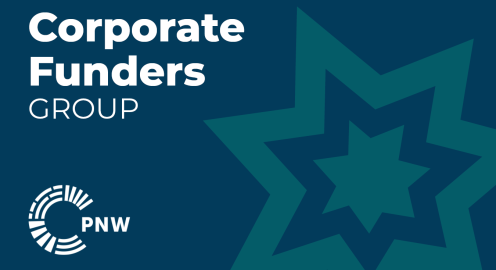 An blueberry banner that says "Corporate Funders Group" in white on the top left, the Philanthropy Northwest logo on the bottom left and has a ocean colored star graphic on the right.