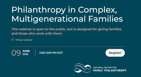 A teal promotional graphic for a National Center for Family Philanthropy webinar titled “Philanthropy in Complex, Multigenerational Families.” The text notes the session is open to the public but designed for giving families and their advisors. The event is a virtual webinar scheduled for June 9, 2026, from 2:00–3:00 PM EDT. A rounded white “Register” button appears on the right, and the NCFP logo is displayed at the bottom.