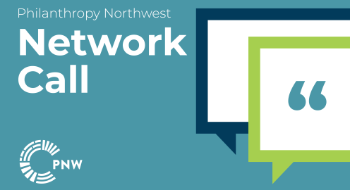 River blue event banner that says "Philanthropy Northwest Network Call" and has two speech bubbles on the side.