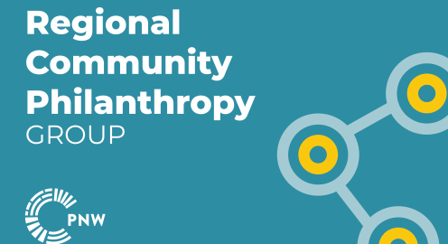 A pond blue graphic that reads "Regional Community Philanthropy Group" on the left side and an icon of three yellow circles connecting with eachother on the right side. 