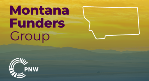 Graphic featuring the words "Montana Funders Group" in bold purple text on a yellow-to-blue gradient background. A white outline of the state of Montana is prominently displayed. The Philanthropy Northwest (PNW) logo appears in the bottom left corner. A vast big sky with rolling hills is in the background.