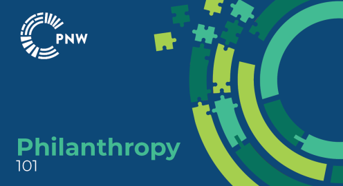 Philanthropy 101 Graphic with a blueberry background and on the right is a circular design with puzzle piece shapes