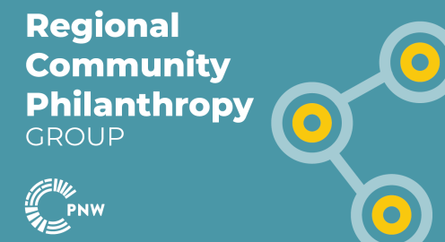 A pond blue graphic that reads "Regional Community Philanthropy Group" on the left side and an icon of three yellow circles connecting with eachother on the right side. 