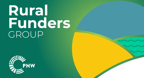 Pine green graphic that says "Rural Funders Group" and a circle with shapes inside the circle that resembles rolling plains.