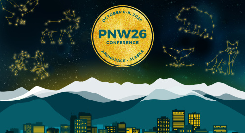 Event graphic for PNW26 Conference — October 6–8, 2026, Anchorage, Alaska. A gold circular badge with the event name floats over a starry night sky above snowy mountains and an Anchorage skyline. Glowing constellation-style outlines of Alaska animals — eagle, moose, bear, whale, fox and crab — surround the badge.