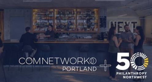 Graphic showing a dimly lit bar interior with people talking near the counter. Text overlays read, “COMNETWORK Portland” and “50 Philanthropy Northwest.”