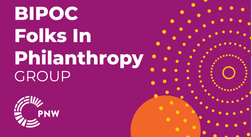 Graphic with a ube colored background and large white text reading, “BIPOC Folks In Philanthropy Group.” The Philanthropy Northwest logo appears at lower left, with yellow dotted spiral patterns and an orange circle on the right.