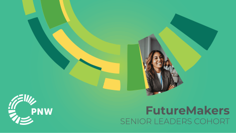Emerald green graphic with the words "FutureMakers: Senior Leaders Cohort" and a photo of a female senior leader smiling with her arms crossed.
