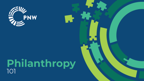 Philanthropy 101 Graphic with a blueberry background and on the right is a circular design with puzzle piece shapes