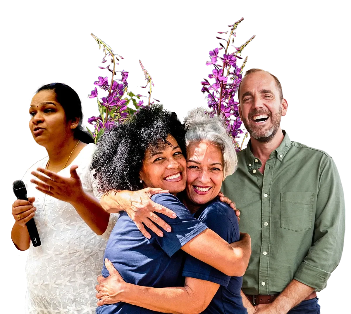 Four adults stand together, expressing warmth and connection.