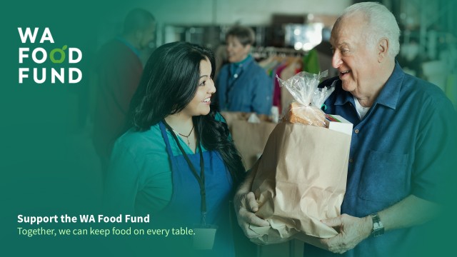 WA Food Fund Banner with image of woman at food bank giving a bag of groceries to an elder man