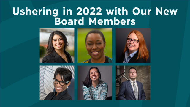 Graphic that reads "Ushering in 2022 with Our New Board Members" with photos of the six new Philanthropy Northwest board members