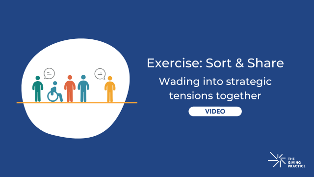 Exercise: Sort & Share. Wading into strategic tensions together. Video. Icons of people speaking to one another in a line. 