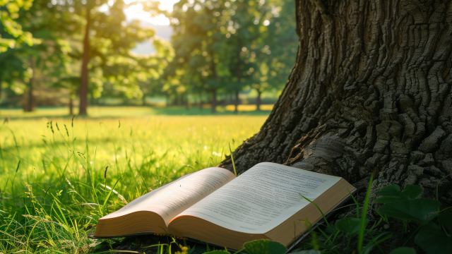 Photo of a book opened and laid upon the trunk of a tree. In the background is green grass and trees.