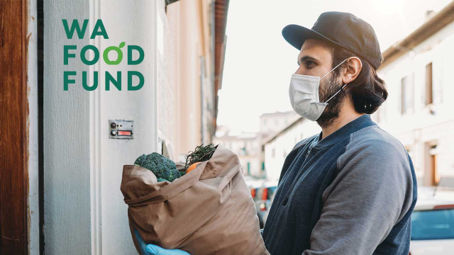 WA Food Fund image with a man in hygiene mask and gloves delivering bag of food standing in a doorway 