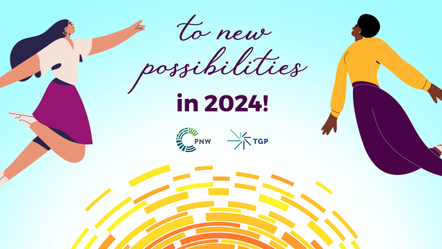 A sky blue graphic with two women jumping up into the air and the words "To new possibilities in 2024" in the middle and the Philanthropy Northwest and The Giving Practice logos underneath.