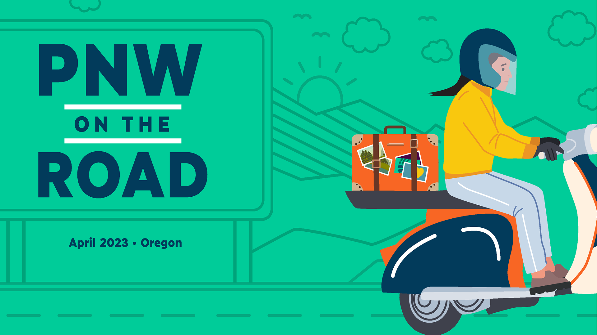 Emerald green graphic that reads "PNW on the Road, April 2023, Oregon" and had a cartoon of a woman on a Vespa with a suitcase on the back with Pacific Northwest themed stickers.