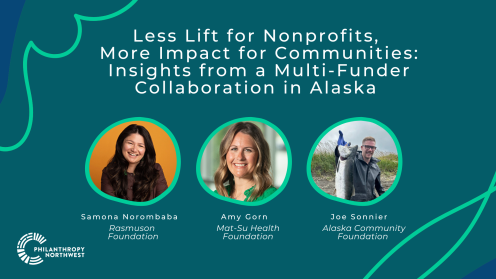 Graphic with teal background featuring the title: “Less Lift for Nonprofits, More Impact for Communities: Insights from a Multi-Funder Collaboration in Alaska.” Below are three circular photos with names and organizations: Samona Norombaba, Rasmuson Foundation; Amy Gorn, Mat-Su Health Foundation; Joe Sonnier, Alaska Community Foundation. Philanthropy Northwest logo appears in the lower left corner with abstract green line accents.