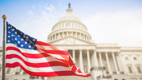 An American flag waves in the foreground with the U.S. Capitol building in the background, symbolizing civic engagement and government advocacy.