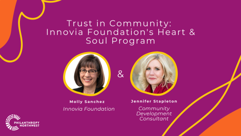 Ube graphic with dandelion and carrot blob shapes in the corners. The title reads "Trust in Community: Innovia Foundation's Heart & Soul Program". Headshot for Molly Sanchez and Jennifer Stapleton.