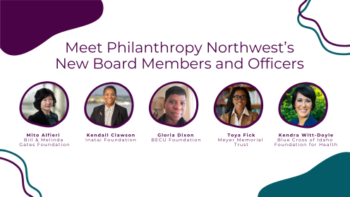 White graphics with plum purple and ocean blue blob shapes in the corners. The title reads "Meet Philanthropy Northwest’s New Board Members and Officers". Headshots for the five new board officers are on the graphic.