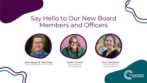 White graphics with plum purple and ocean blue blob shapes in the corners. The title reads "Say Hello to Our New Board Members and Officers". Headshots for the three new board members are on the graphic.