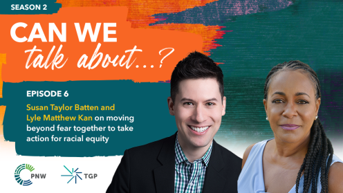 A promotional graphic for Season 2, Episode 6 of the podcast series Can We Talk About...? featuring Susan Taylor Batten and Lyle Matthew Kan. The episode focuses on moving beyond fear together to take action for racial equity.