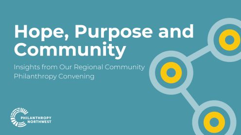 Blue graphic with white text reading ‘Hope, Purpose and Community: Insights from Our Regional Community Philanthropy Convening.’ The Philanthropy Northwest logo is in the bottom left corner, and dandelion and light blue connected circle design.