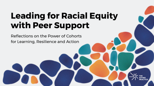 Resource graphic for Leading for Racial Equity with Peer Support. Light grey background with colorful pebbles lining the bottom right corner. 