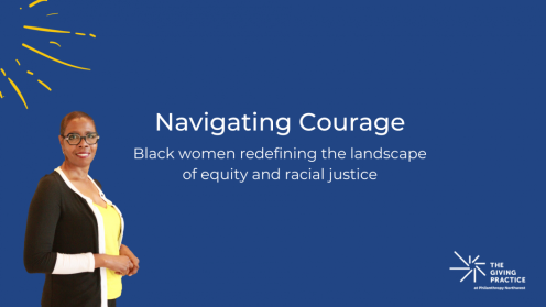 Feature Image on blue background with Robin Martin on left side, yellow spark illustration in top left corner, white The Giving Practice logo in the bottom right corner,  and title centered. 