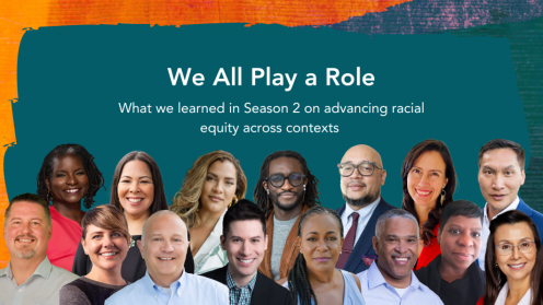 Collage of 15 diverse podcast guests smiling beneath the text: “We All Play a Role – What we learned in Season 2 on advancing racial equity across contexts.” The background features a teal backdrop with a vibrant paint-textured banner along the top edge.