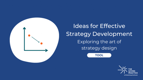 Blog feature image in a blueberry color with a white circle on the left. In the circle is a graph with orange dots and inbetween an arrow pointing down. The title says "Ideas for Effective Strategy Development: Exploring the art of strategy design"