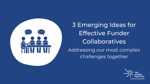 A graphic on a blue background featuring an illustration of four people seated at a table, engaged in conversation with speech bubbles above them. The text reads, "3 Emerging Ideas for Effective Funder Collaboratives: Addressing Our Most Complex Challenge