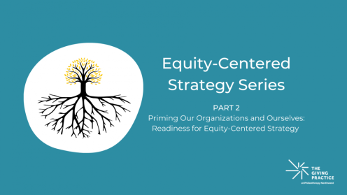 Graphic for "Equity-Centered Strategy Series Part 2" by The Giving Practice at Philanthropy Northwest. The image shows a stylized tree with golden leaves and dark, extensive roots, symbolizing depth and grounding. Text reads: "Equity-Centered Strategy Ser