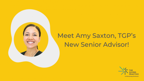 A dandelion colored background with a headshot of Amy Saxton in a white and dandelion bubble. The text says "Meet Amy Saxton, TGP’s New Senior Advisor!" with the TGP logo at the bottom