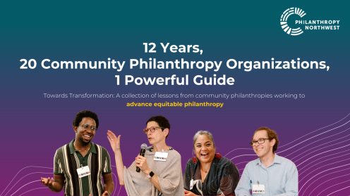 Graphic with a teal-to-purple gradient background and white text reading 12 Years, 20 Community Philanthropy Organizations, 1 Powerful Guide. Subheading in white and yellow. The Philanthropy Northwest logo appears in the top right. Curved white line patterns overlay the lower section. Along the bottom, four speakers are pictured against the gradient, smiling and gesturing.