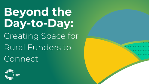 Graphic with a green gradient background featuring the title 'Beyond the Day-to-Day: Creating Space for Rural Funders to Connect' in bold white text. On the right side, an abstract design of overlapping semi-circles in blue, yellow, and teal