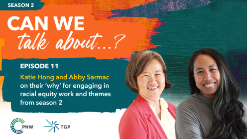 Promotional graphic for episode 11 of the podcast “Can We Talk About…?” Season 2. The title reads: “Katie Hong and Abby Sarmac on their ‘why’ for engaging in racial equity work and themes from season 2.” The image features Katie Hong and Abby Sarmac 
