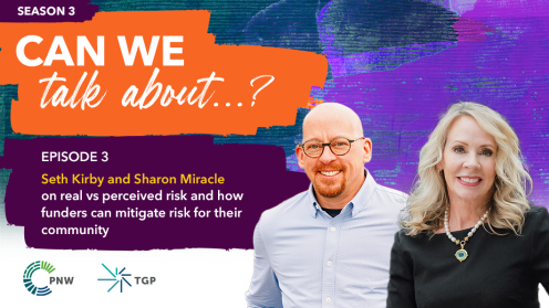 Promotional graphic for Season 3 of the podcast Can We Talk About...? pisode 3 – Seth Kirby and Sharon Miracle on real vs perceived risk and how funders can mitigate risk for their community. Image are photos of the two featured speakers