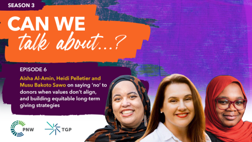 Graphic for Can We Talk About…? Season 3, Episode 6, featuring Aisha Al-Amin, Heidi Pelletier and Musu Bakoto Sawo on saying “no” to donors when values don’t align and building equitable long-term giving strategies.