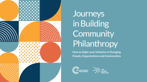 Graphic for Journeys in Building Community Philanthropy: How an Eight-year Initiative is Changing People, Organizations and Communities. The right half is a muted teal background with white text and the Philanthropy Northwest and The Giving Practice logos. The left half features a grid of geometric shapes—circles, half-circles, and dotted patterns—in orange, navy, teal, and coral.