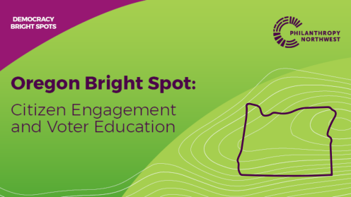 Graphic titled “Oregon Bright Spot: Citizen Engagement and Voter Education,” with a plum “Democracy Bright Spots” header, Philanthropy Northwest logo in the top right, and an outline of Oregon over a grass-to-lime gradient background with contour lines.