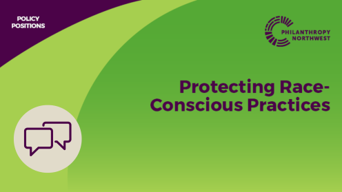 Graphic titled “Protect Charities’ Free Speech and Due Process” in the Policy Positions series, shown in grass, lime, and plum colors with the Philanthropy Northwest logo and an icon of two speech bubbles.