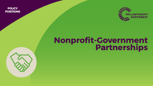 Graphic titled “Nonprofit–Government Partnerships” in the Policy Positions series, shown in a grass, lime and plum color palette with the Philanthropy Northwest logo and an icon of two hands shaking.