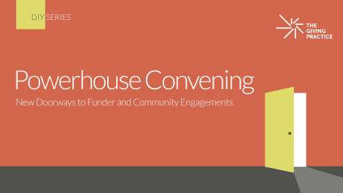Graphic for Powerhouse Convening: New Doorways to Funder and Community Engagements, part of the DIY Series. Background is a warm terracotta color with the DIY Series label in a pale yellow square at top left. The Giving Practice logo appears at top right. On the right side, a pale yellow door opens into a white interior, casting a long gray shadow across a dark floor.