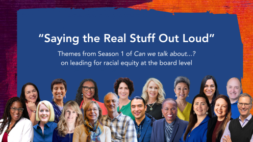 Podcast feature image that says "Saying the Real Stuff Out Loud" Themes from Season 1 of Can we talk about...? on leading for racial equity at the board level with headshots of all the guest speakers